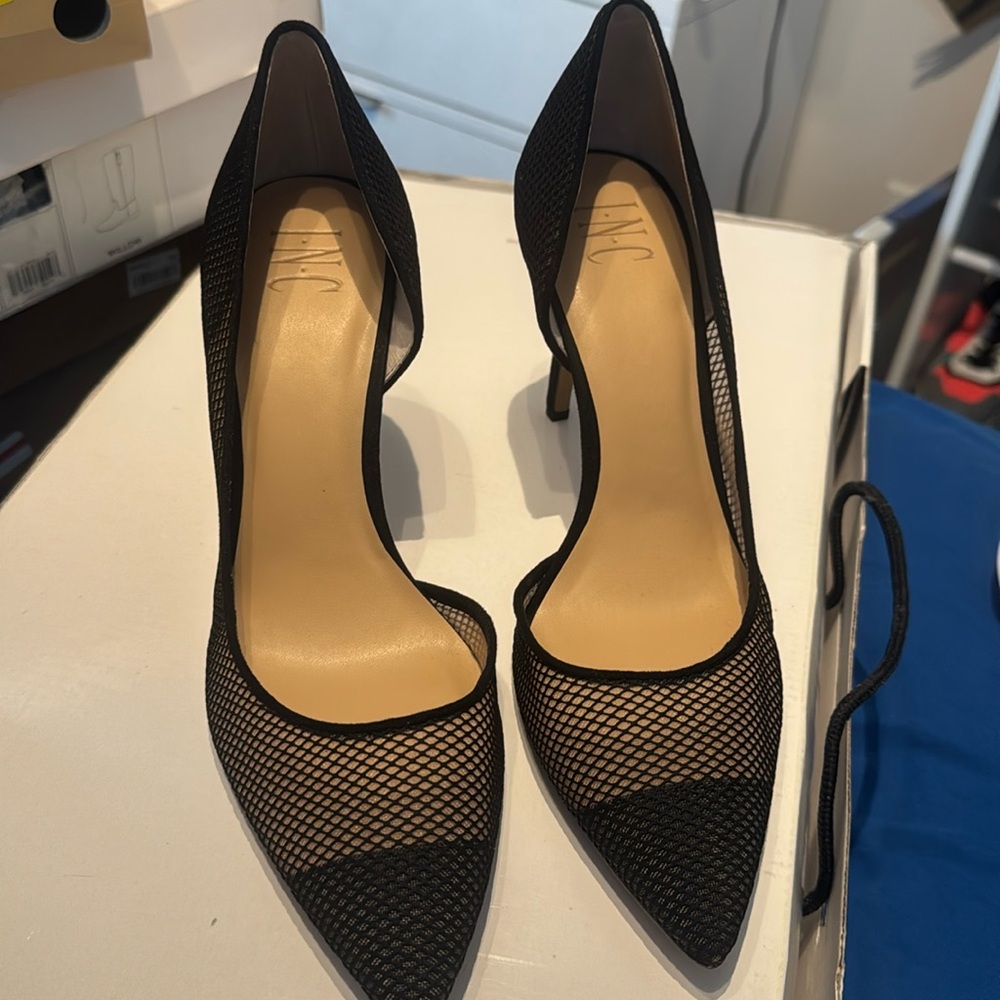 INC fishnet d orsay heels